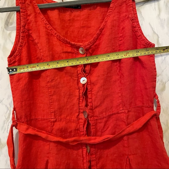 Lungo Larno 100% linen coral pink sundress button up pockets belt summer medium - Picture 7 of 11